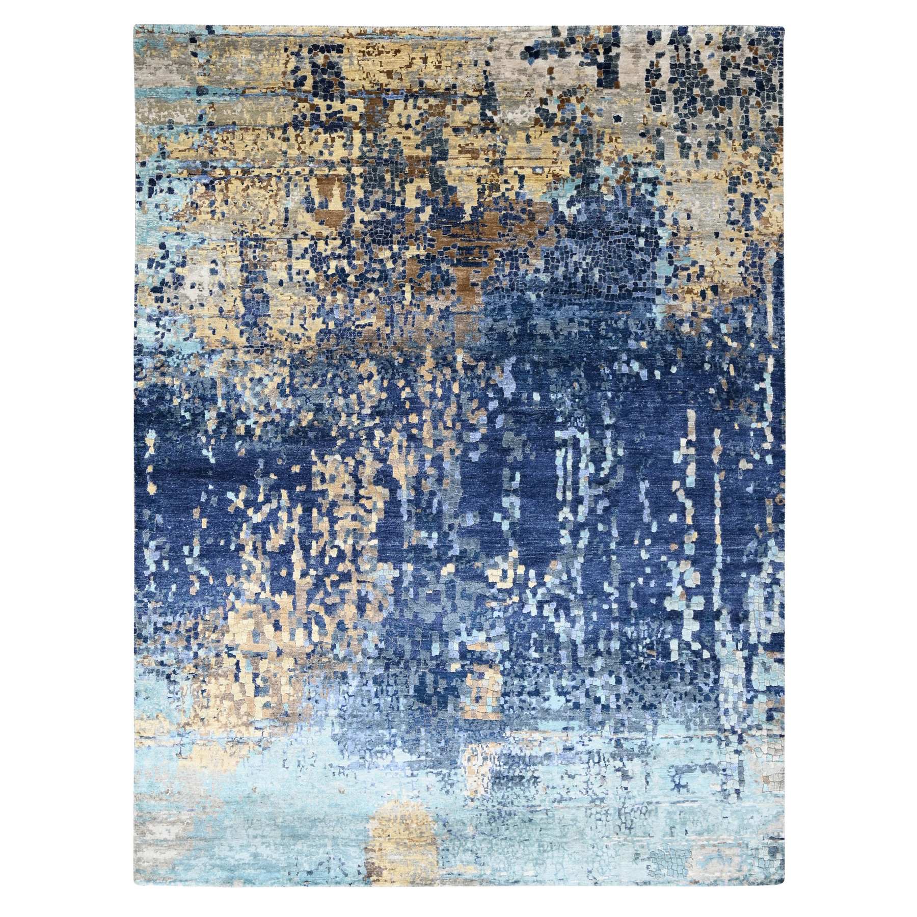 Shades of Blue with Gold, Modern Mosaic Design, Hand Knotted, Persian Knot, Denser Weave, Wool and Silk, Oriental Rug